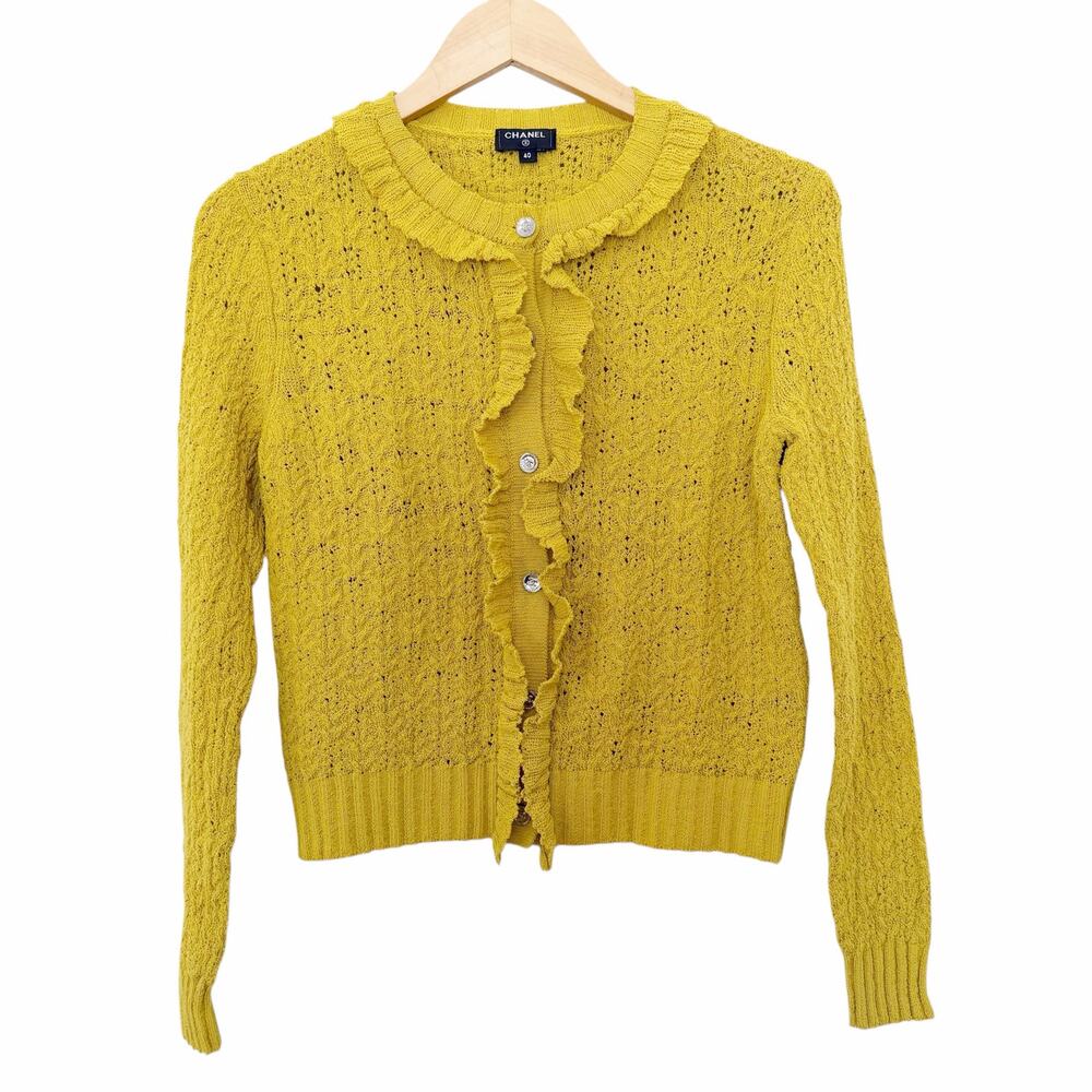 Chanel Yellow Knit Ruffle Cardigan Sz 40